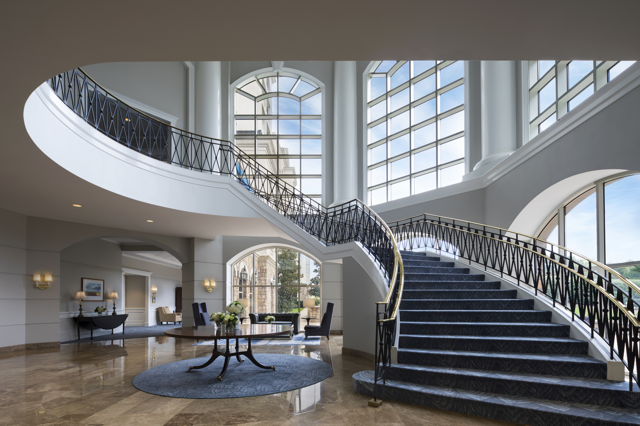 Renovated grand staircase at The Ballantyne Hotel